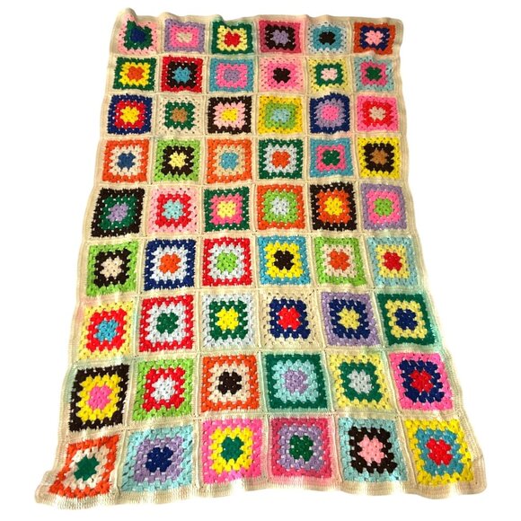 Vintage Handmade Granny Square Crochet Blanket Throw 65"x 40" Cotton Blend - Picture 2 of 4
